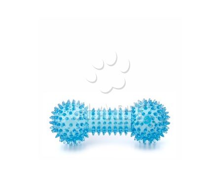 Činka s bodlinami modrá, odolná (gumová) pískací hračka z TPR, dl.15cm