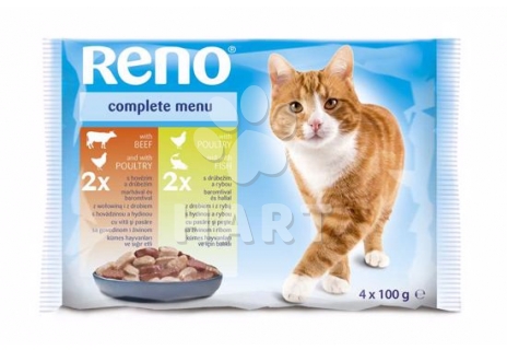 RENO Cat hovězí / drůbeží, drůbeží / ryba, 4x kapsička 100 g