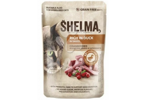 SHELMA Cat Steril kachní s brusinkami v omáčce, kapsa 85 g