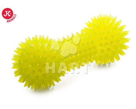 Žlutá činka s bodlinami, odolná (gumová) pískací hračka z TPR, dl.15cm