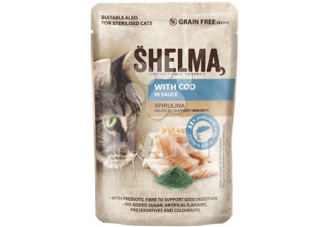 SHELMA Cat treska se spirulinou v omáčce, kapsa 85 g